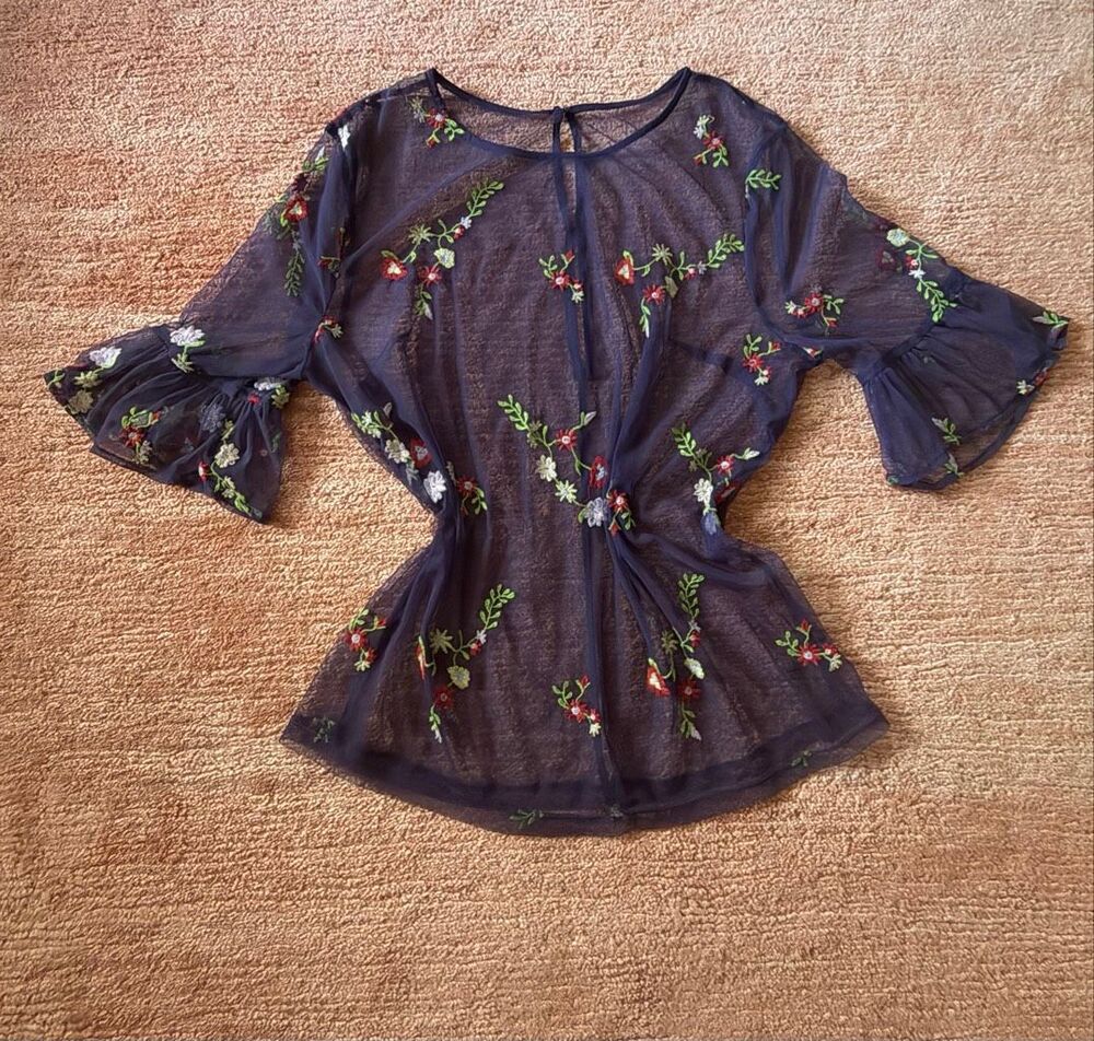 Navy Blue Sheer Mesh Floral Embroidered Bell Sleeve Blouse M L